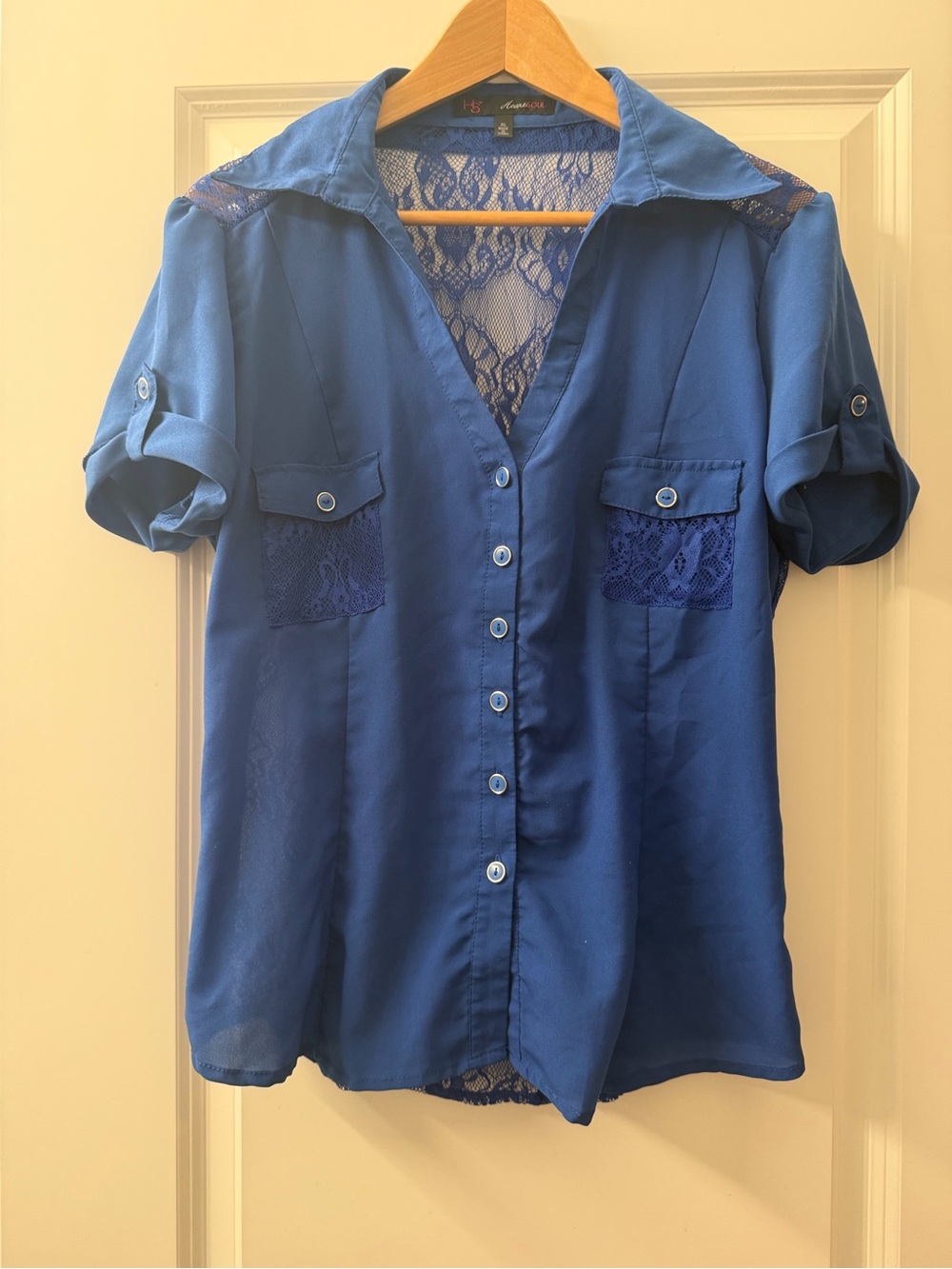 HeartSoul Royal Blue Lace-Back Button Front Shirt